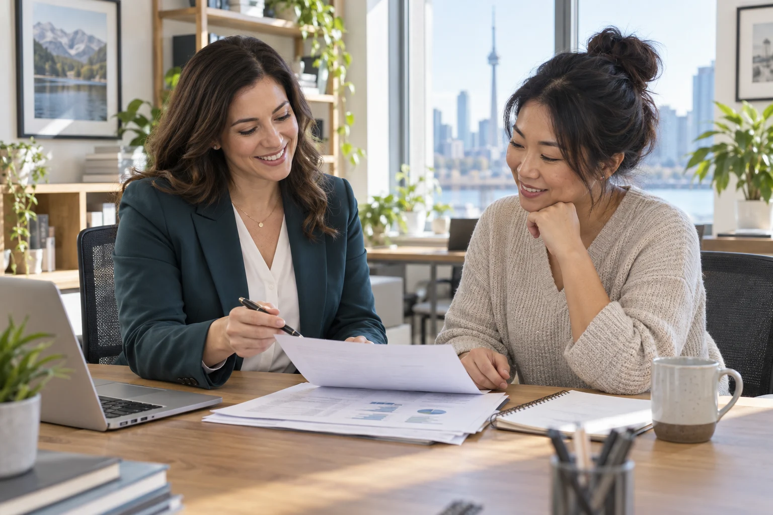 A tax advisor and a business owner reviewing financial documents together